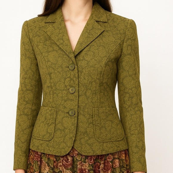Rafael Womens Green Floral Brocade Blazer Jacket Size 12 Button Front - Picture 1 of 7